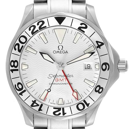 The image shows the face and part of the band of the Omega Seamaster 2538.20.00 Men's Stainless Steel White Dial 2538.20.00 Men's Stainless Steel White Dial GMT Chronometer watch.