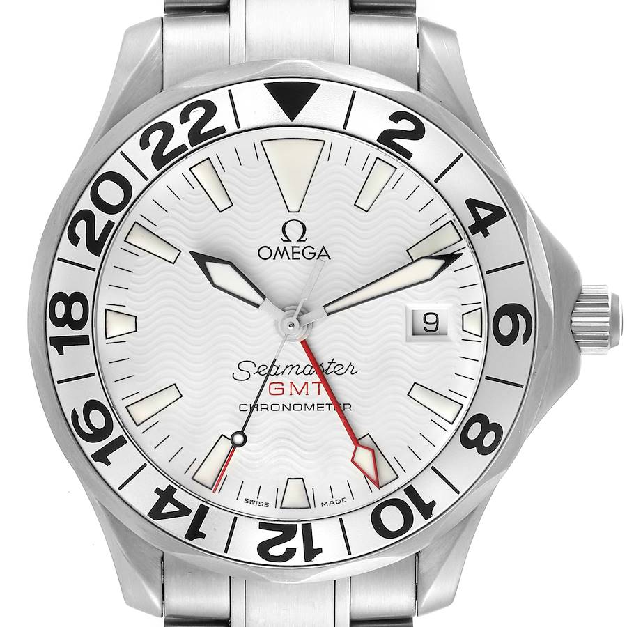 This image shows a front view of the Omega Seamaster 2538.20.00 Men's Stainless Steel White Dial 2538.20.00 Men's Stainless Steel White Dial GMT Chronometer watch, highlighting the dial, bezel, hands, and strap.