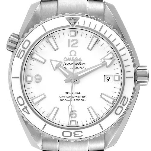 This image shows a front view of the Omega Planet Ocean 232.30.42.21.04.001 Men's Stainless Steel White Dial 232.30.42.21.04.001 Men's Stainless Steel White Dial watch, highlighting its dial, bezel, and helium escape valve.