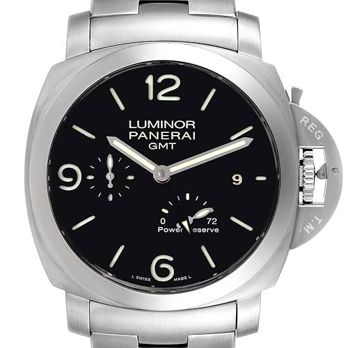 The image shows a front view of the Panerai Luminor PAM00347 Men's Stainless Steel Black Dial PAM00347 Men's Stainless Steel Black Dial GMT watch with a visible dial, hands, crown, and case.