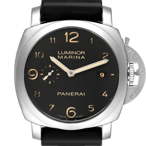 This image depicts a frontal view of a Panerai Luminor PAM00359 Men's Stainless Steel Black Dial PAM00359 Men's Stainless Steel Black Dial Marina watch, showing the dial, hands, crown guard, and part of the strap.
