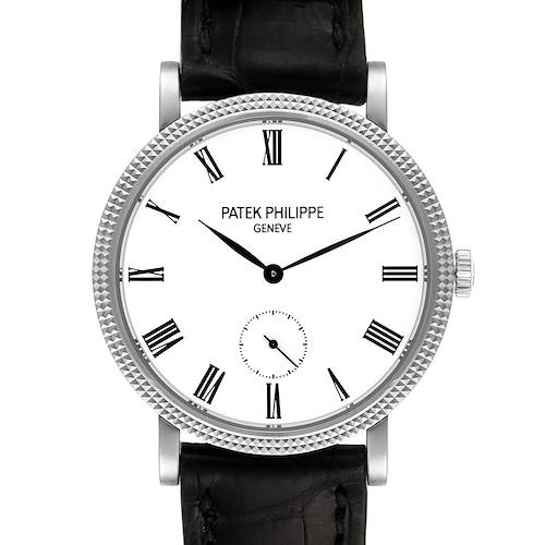 The image shows a front view of a Patek Philippe Calatrava 7119G Women's White Gold White Dial 7119G Women's White Gold White Dial watch, highlighting the dial, watch hands, bezel, and strap.