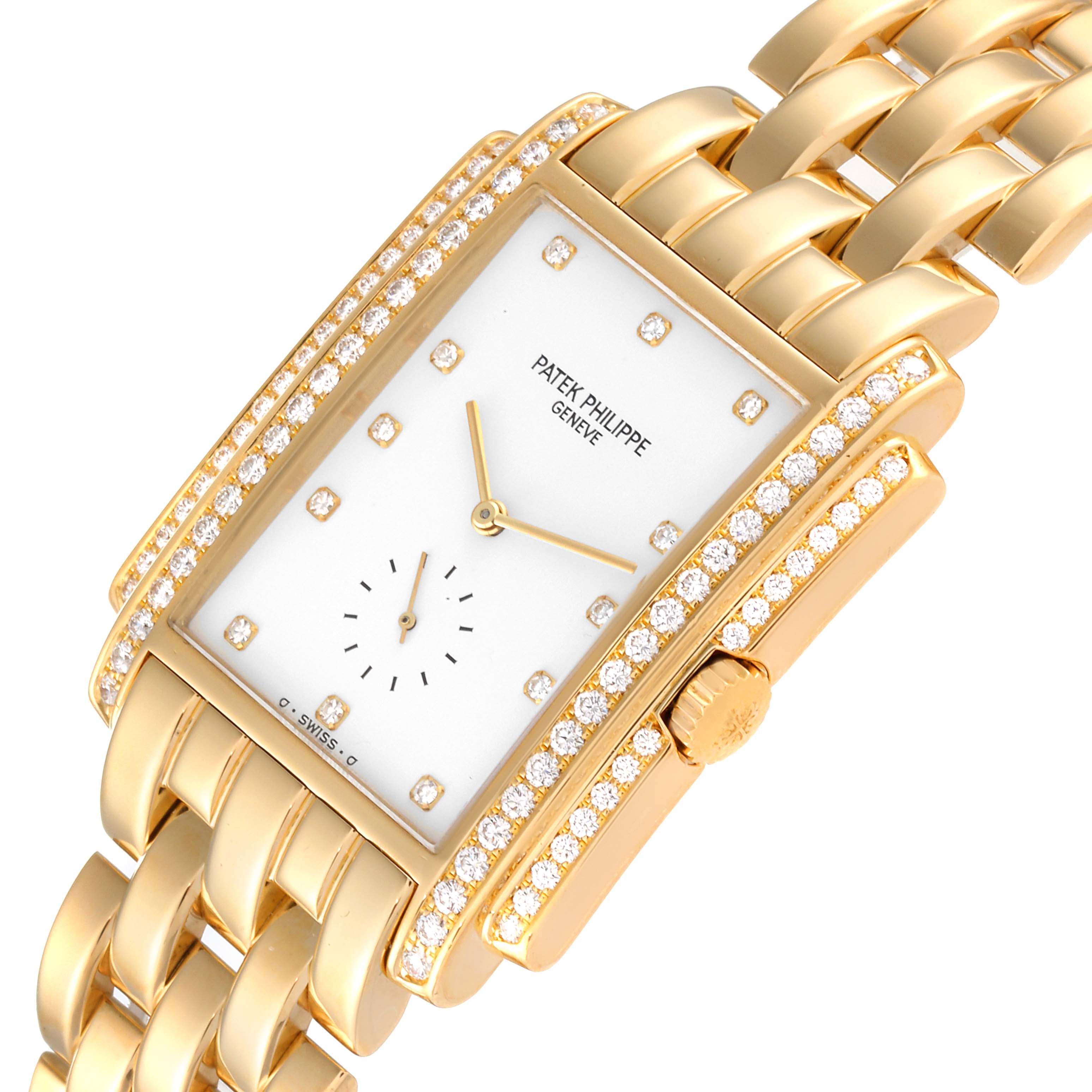 This image shows a top-angle view of the Patek Philippe Gondolo 5025J Men's Yellow Gold White Dial 5025J Men's Yellow Gold White Dial watch, highlighting its rectangular dial, diamond bezel, and gold bracelet.