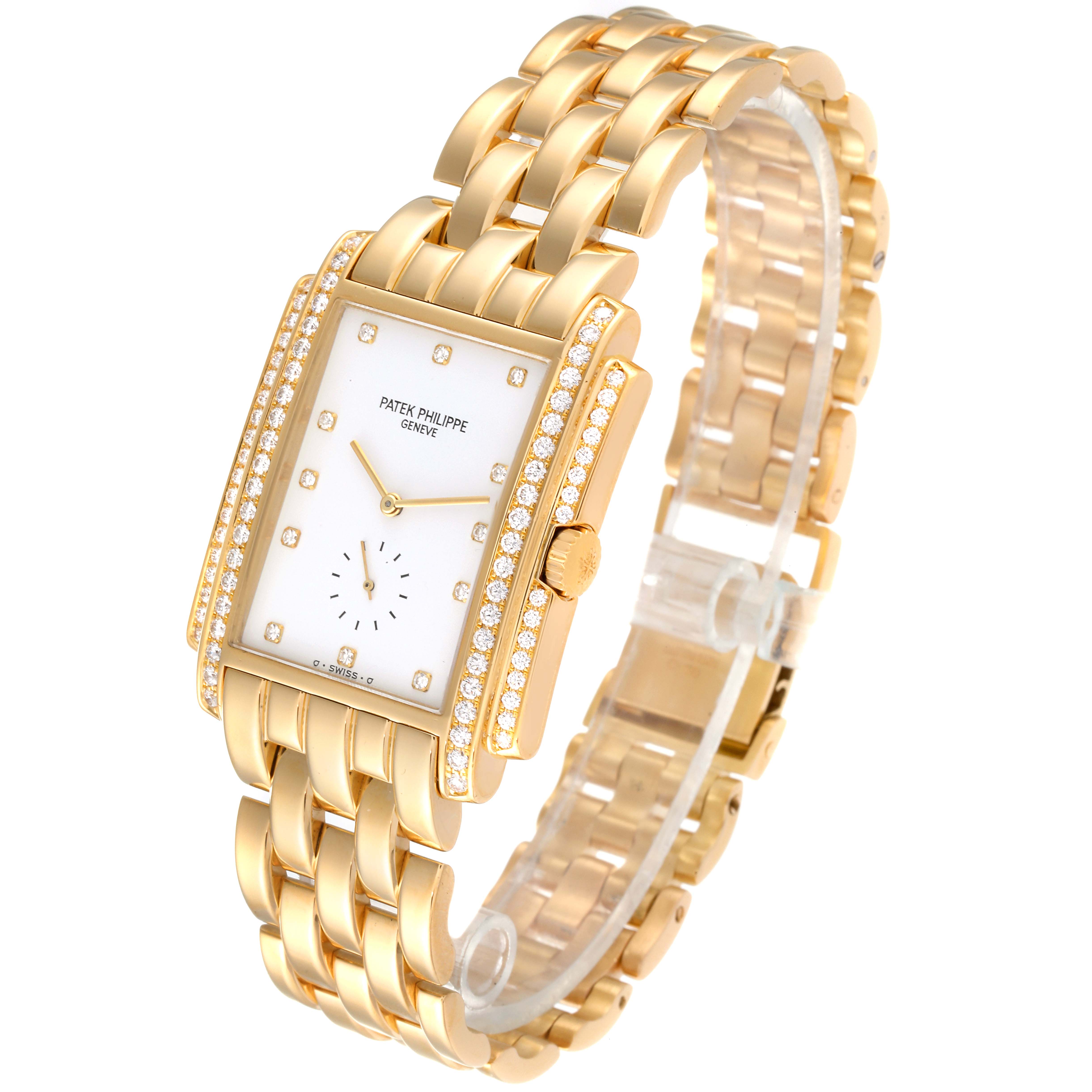 The image shows a Patek Philippe Gondolo 5025J Men's Yellow Gold White Dial 5025J Men's Yellow Gold White Dial watch, highlighting its rectangular gold case, diamond accents, and gold bracelet from an angled view.
