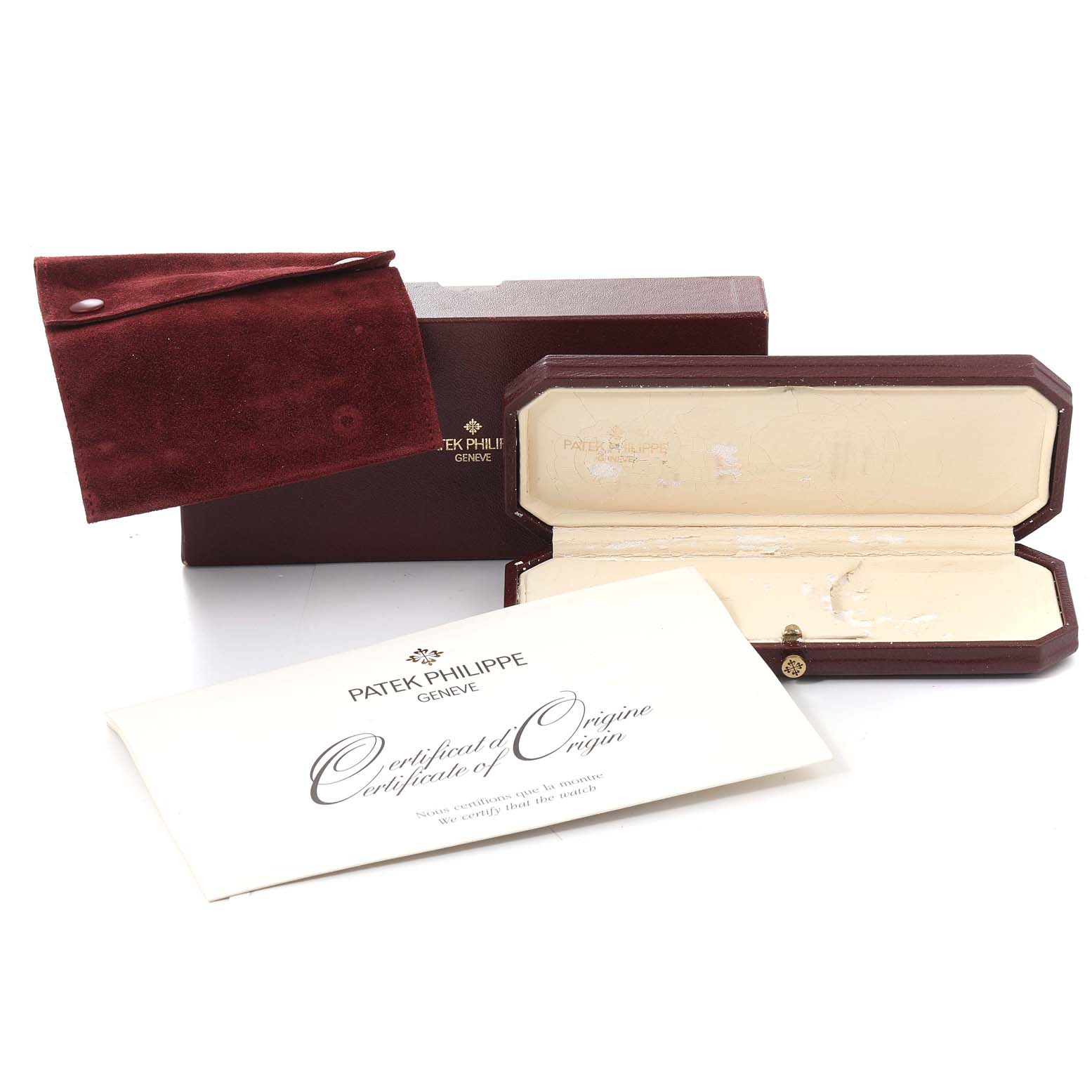 The image shows the box, certificate, and pouch for a Patek Philippe Gondolo 5025J Men's Yellow Gold White Dial 5025J Men's Yellow Gold White Dial watch.