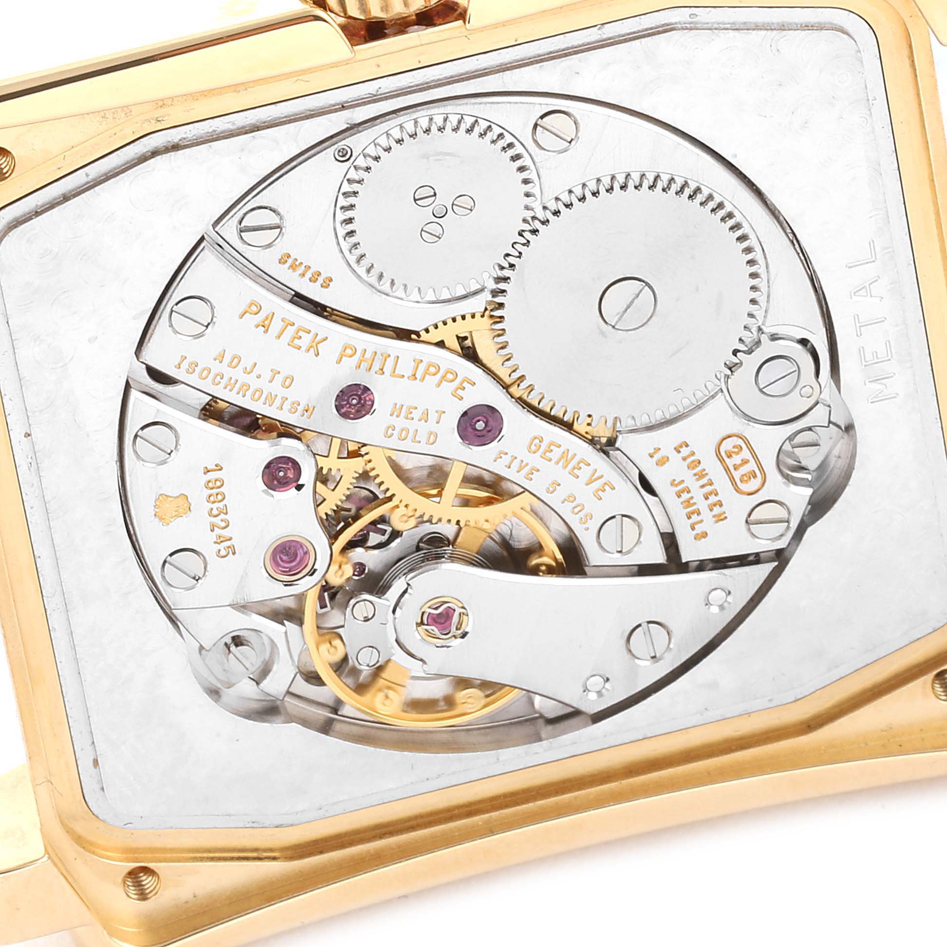 The image shows the back view of the Patek Philippe Gondolo 5025J Men's Yellow Gold White Dial 5025J Men's Yellow Gold White Dial watch, highlighting its intricate movement mechanics.