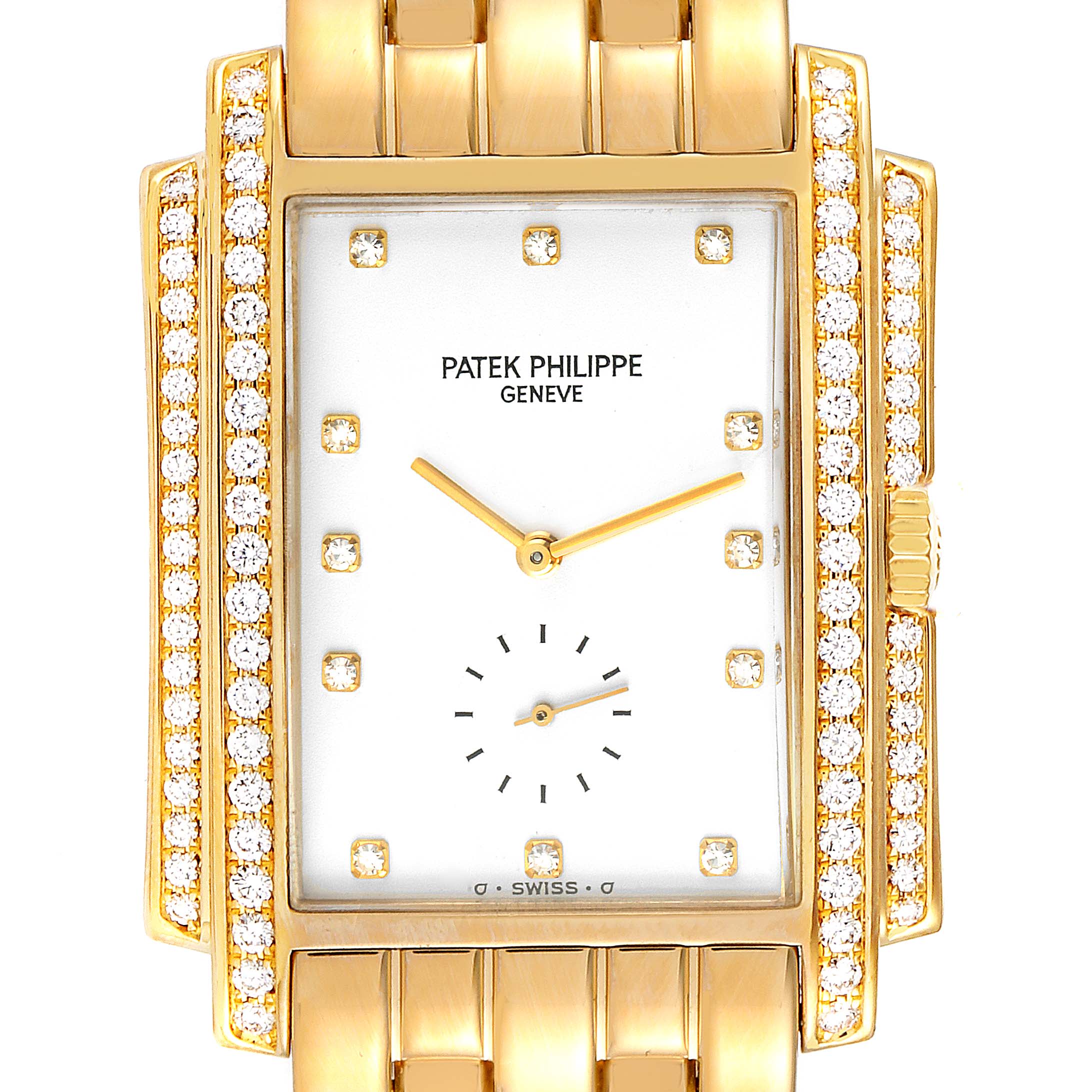 This image shows a frontal view of a Patek Philippe Gondolo 5025J Men's Yellow Gold White Dial 5025J Men's Yellow Gold White Dial watch with a gold case and diamond accents.