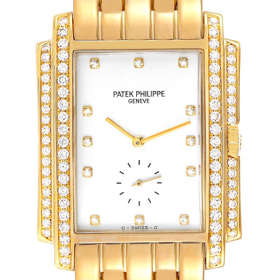 This image shows a frontal view of a Patek Philippe Gondolo 5025J Men's Yellow Gold White Dial 5025J Men's Yellow Gold White Dial watch with a gold case and diamond accents.