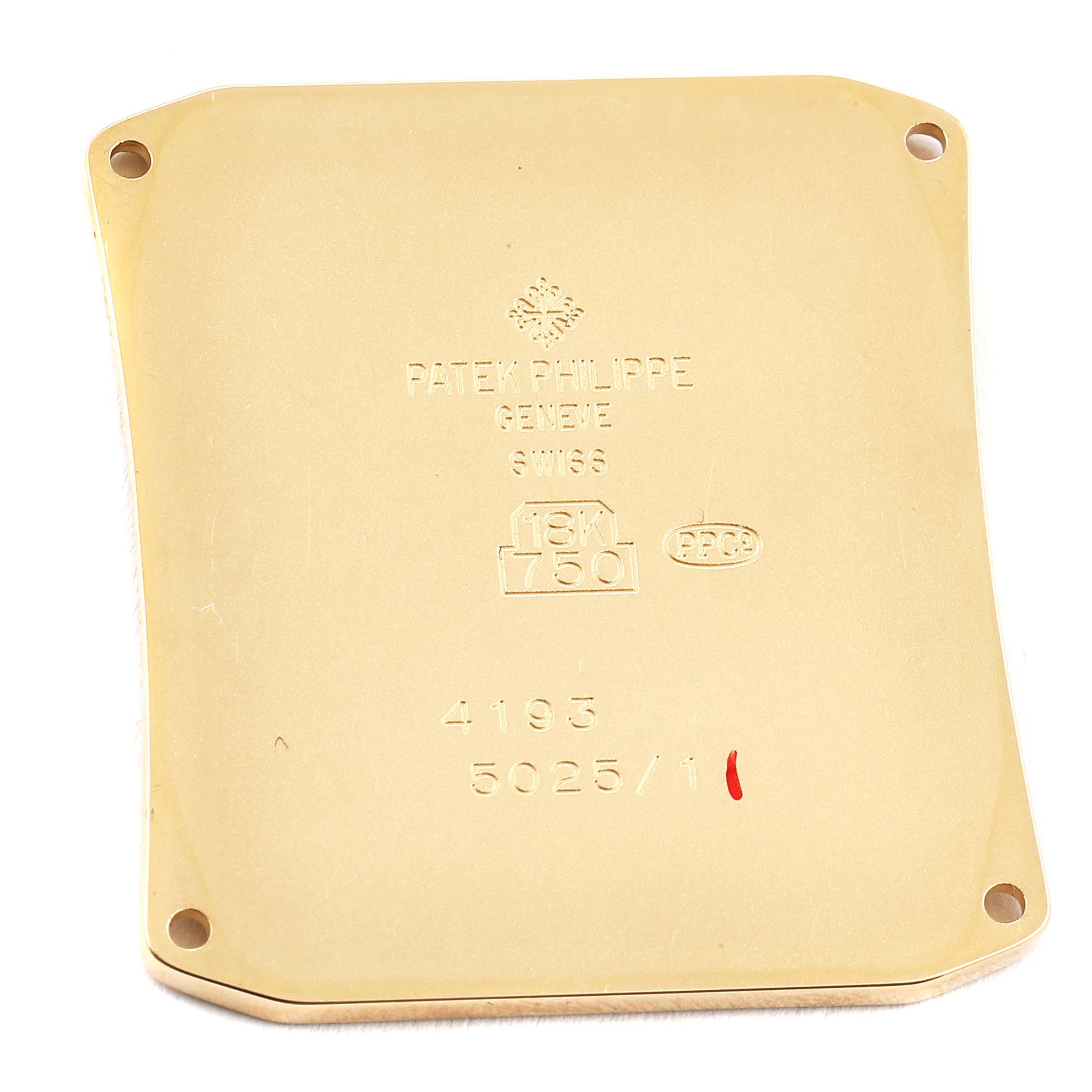 This image shows the back case of the Patek Philippe Gondolo 5025J Men's Yellow Gold White Dial 5025J Men's Yellow Gold White Dial watch model, displaying the branding and material information.