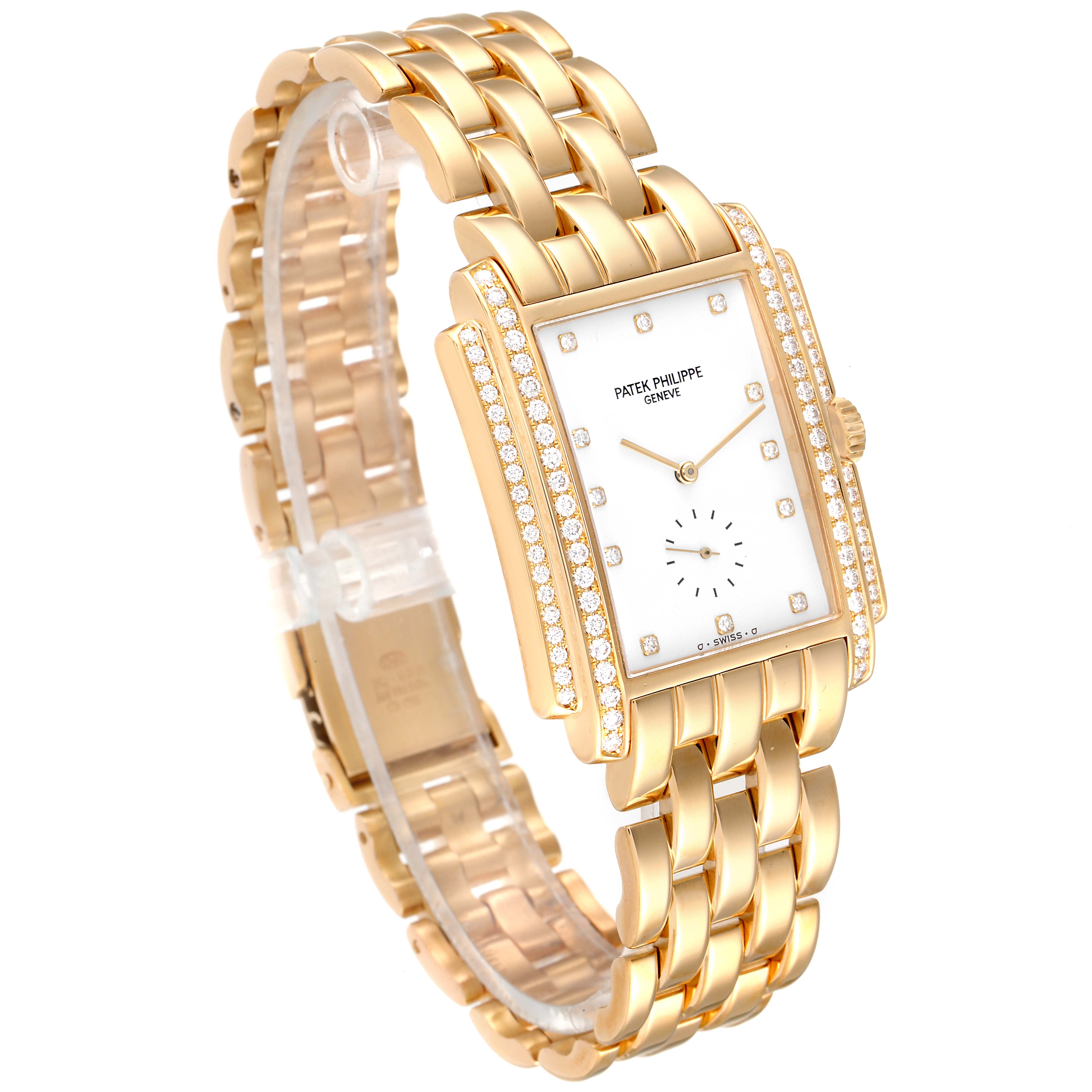 The image shows a Patek Philippe Gondolo 5025J Men's Yellow Gold White Dial 5025J Men's Yellow Gold White Dial model watch at an angled side view displaying its gold band, rectangular face, and diamond accents.