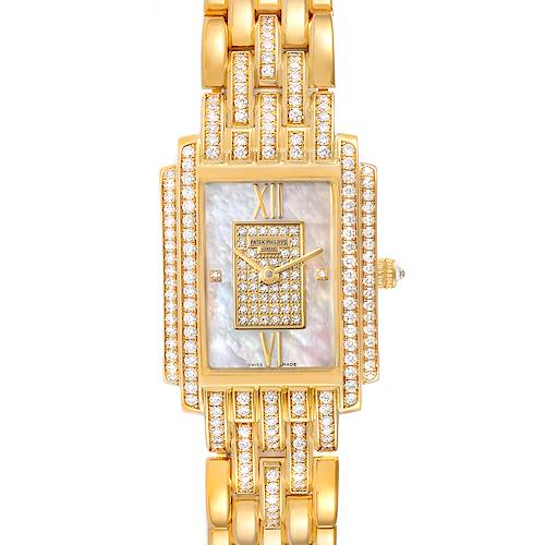 This image shows a top view of a Patek Philippe Gondolo 4825J Women's Yellow Gold Mother of Pearl Dial 4825J Women's Yellow Gold Mother of Pearl Dial watch with a gold and diamond-encrusted design.