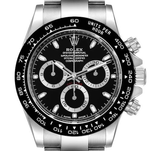 The image shows a front view of a Rolex Daytona 116500 Men's Stainless Steel Black Dial 116500 Men's Stainless Steel Black Dial watch, highlighting the dial, bezel, chronograph subdials, and crown.