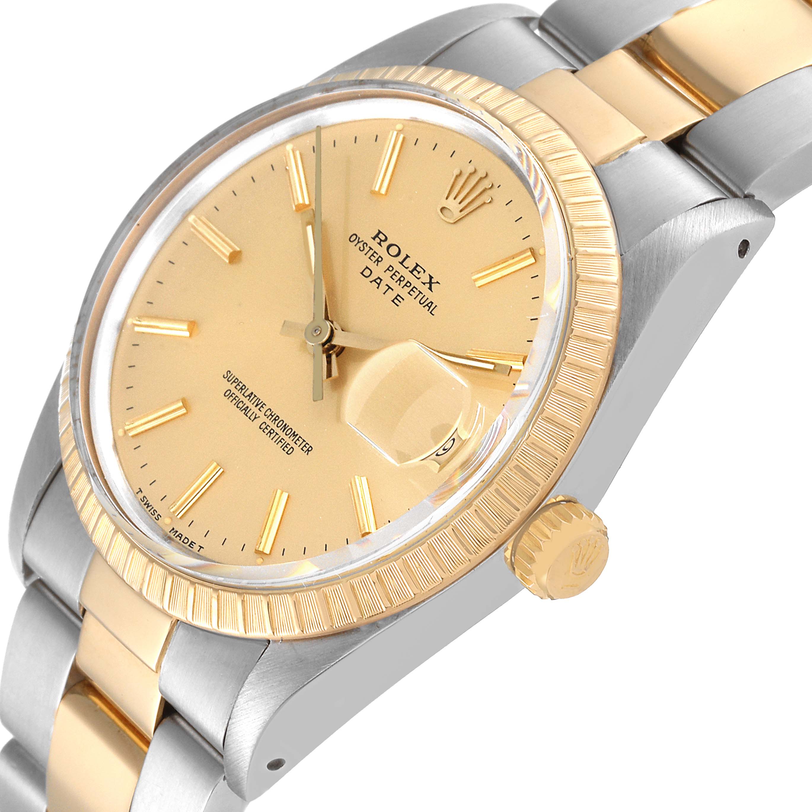 The image shows the face, crown, and part of the bracelet of the Rolex Date 15053 Men's Steel and Gold (two tone) Champagne Dial 15053 Men's Steel and Gold (two tone) Champagne Dial model watch from an angled side view.