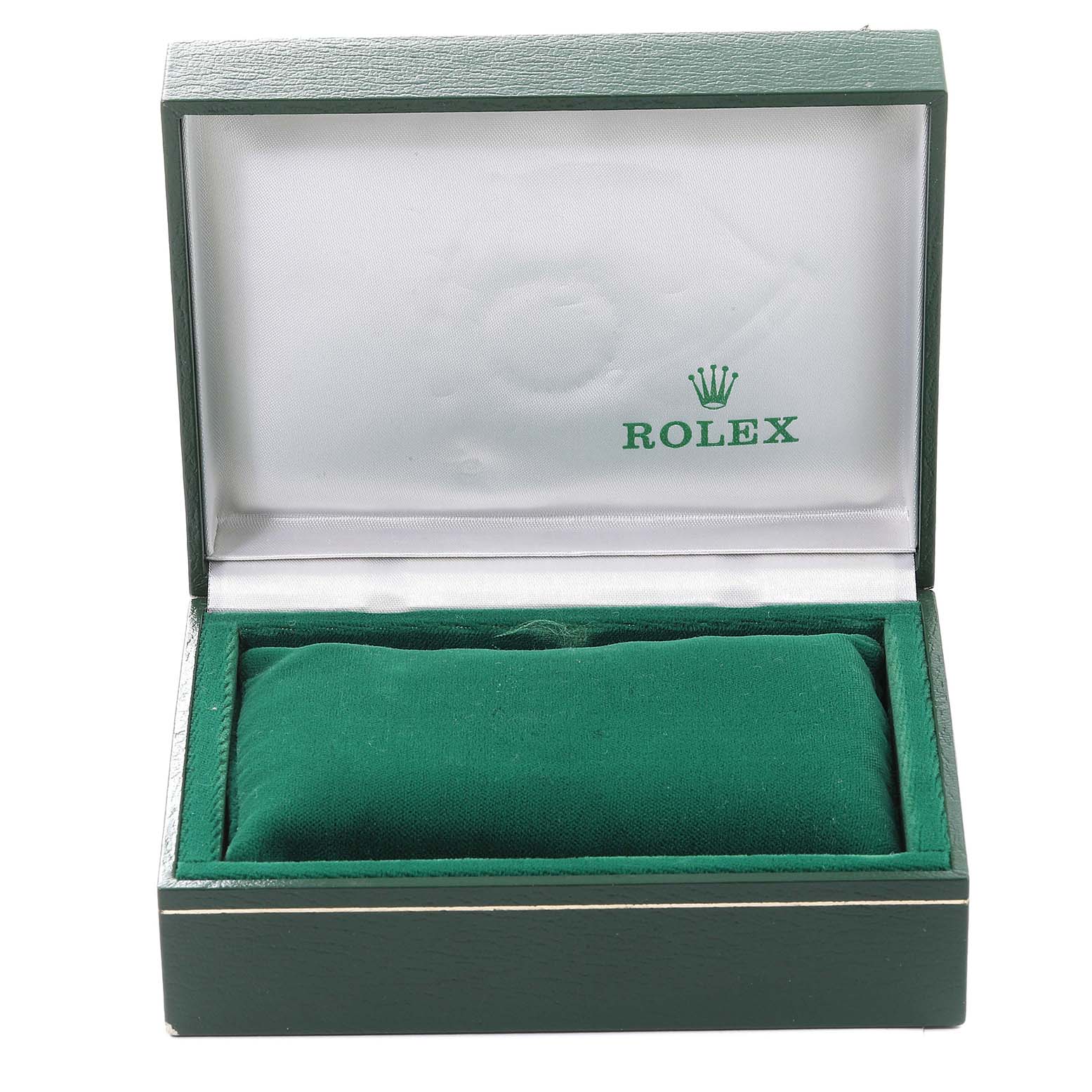 This image shows an open Rolex Date 15053 Men's Steel and Gold (two tone) Champagne Dial 15053 Men's Steel and Gold (two tone) Champagne Dial model watch box without the watch, featuring green padding inside.