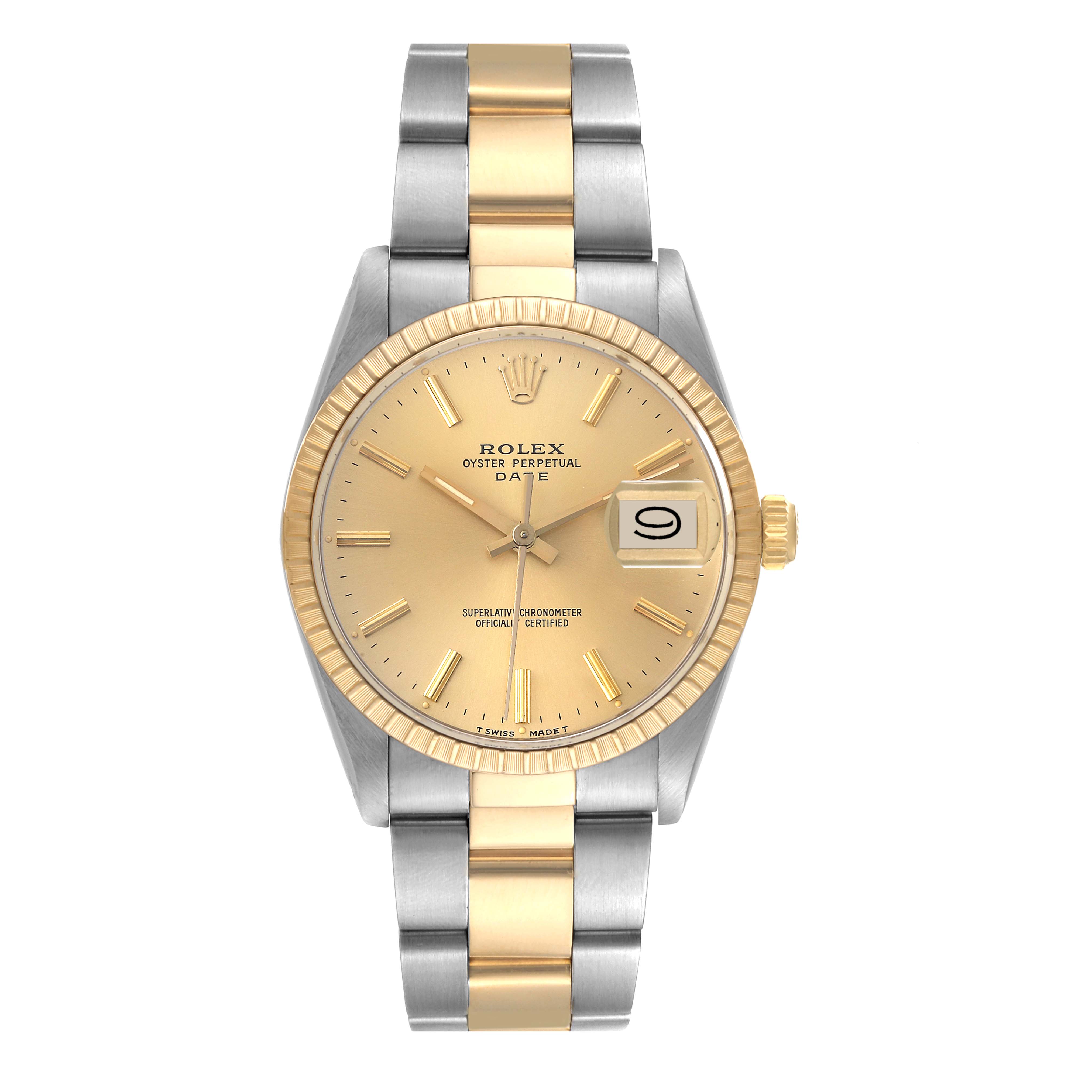 The watch is a Rolex Date 15053 Men's Steel and Gold (two tone) Champagne Dial 15053 Men's Steel and Gold (two tone) Champagne Dial model shown from a top-down angle, featuring its two-tone bracelet, golden dial, and date display at 3 o'clock.