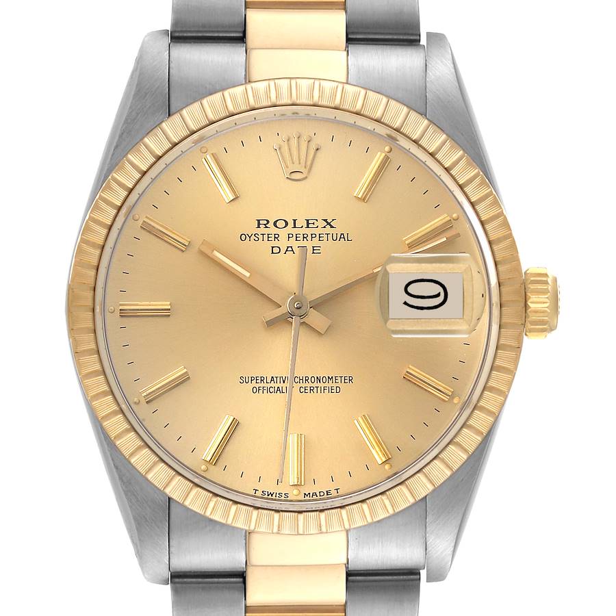 The image shows a Rolex Date 15053 Men's Steel and Gold (two tone) Champagne Dial 15053 Men's Steel and Gold (two tone) Champagne Dial model watch from a front angle, highlighting the dial, bezel, and partial bracelet.