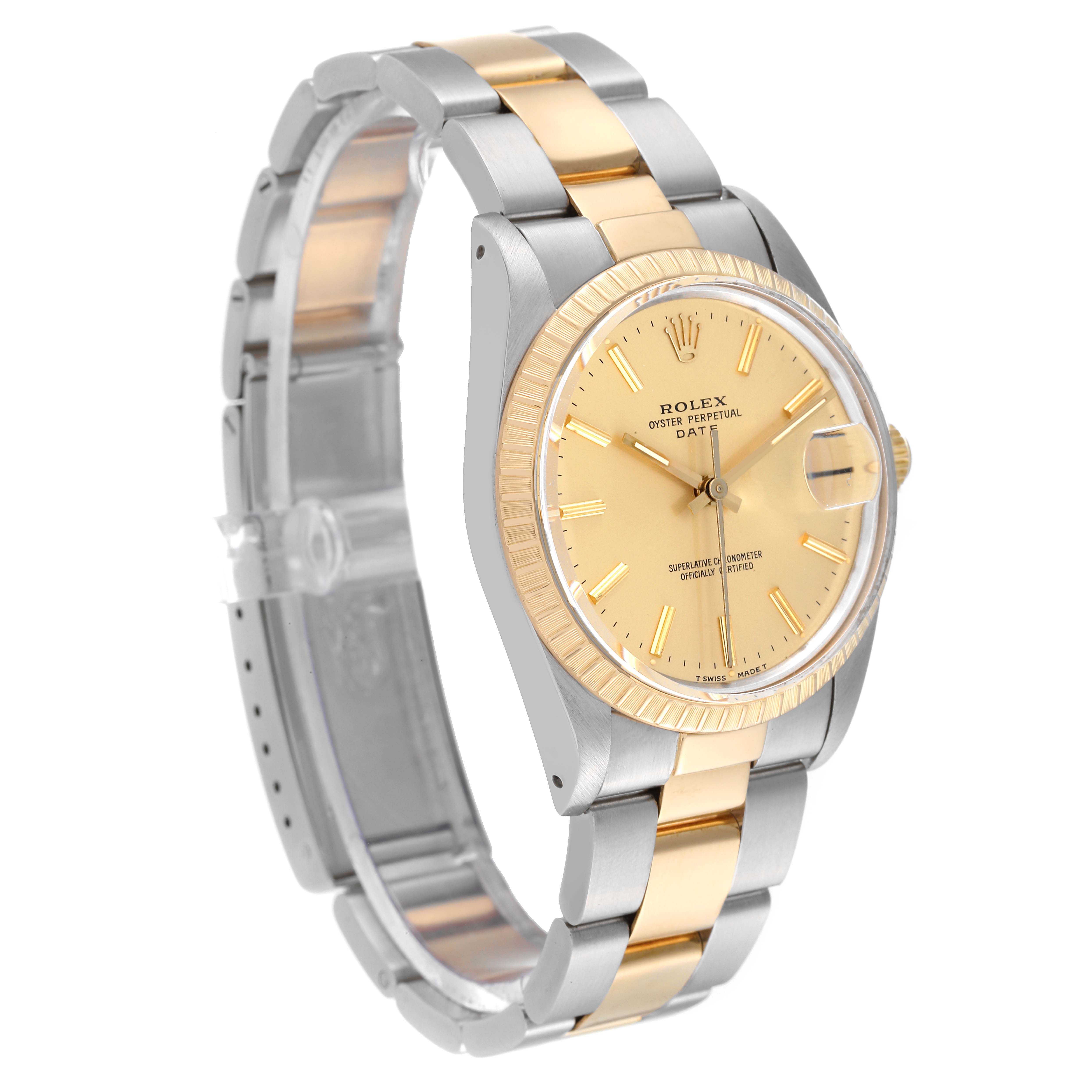 The Rolex Date 15053 Men's Steel and Gold (two tone) Champagne Dial 15053 Men's Steel and Gold (two tone) Champagne Dial model watch is shown at an angle displaying its gold dial, fluted bezel, and two-tone bracelet.