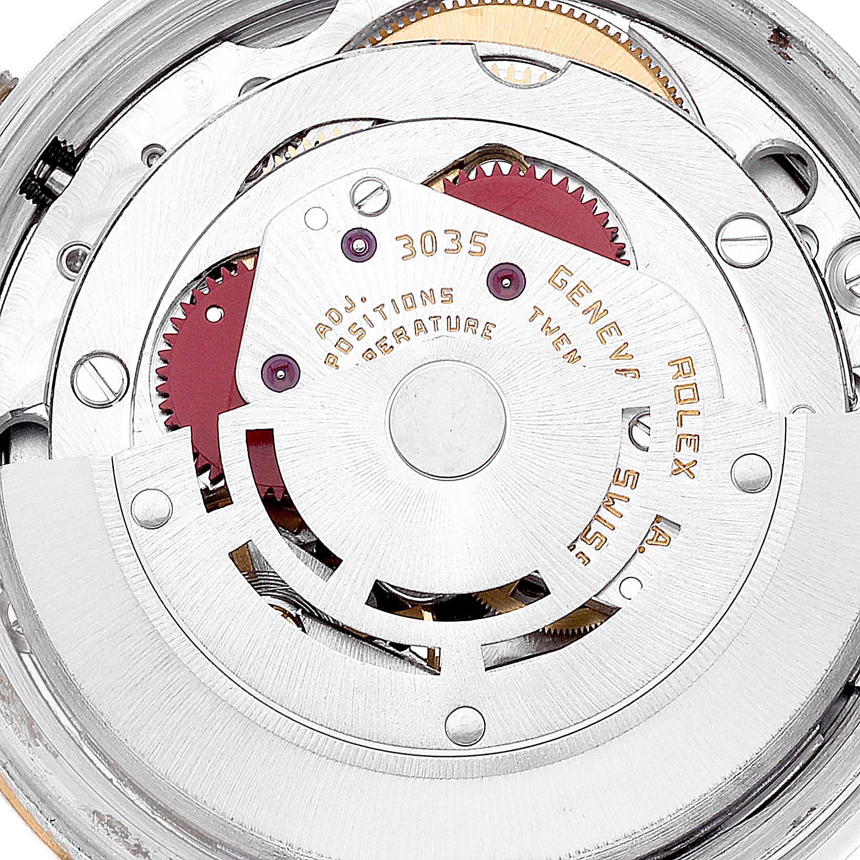 This image shows a close-up of the internal movement mechanism of a Rolex Date 15053 Men's Steel and Gold (two tone) Champagne Dial 15053 Men's Steel and Gold (two tone) Champagne Dial model watch.