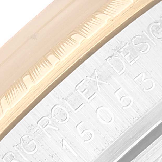 This image shows a close-up of the bezel and part of the caseback engraving of a Rolex Date 15053 Men's Steel and Gold (two tone) Champagne Dial 15053 Men's Steel and Gold (two tone) Champagne Dial model watch.