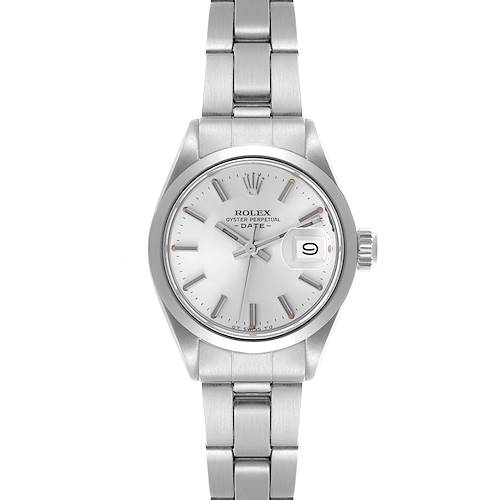 The Rolex Date 6916 Women's Stainless Steel Silver Dial 6916 Women's Stainless Steel Silver Dial watch is shown from a front angle, featuring its silver dial, bracelet, and date window.