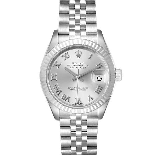 The image shows a front view of the Rolex Datejust 279174 Women's Stainless Steel Silver Dial 279174 Women's Stainless Steel Silver Dial watch, highlighting its silver dial, Roman numerals, fluted bezel, and jubilee bracelet.