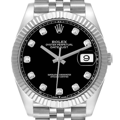 The Rolex Datejust 41 126334 Men's Stainless Steel Black Dial 126334 Men's Stainless Steel Black Dial is shown from the front, featuring its black dial, diamond hour markers, fluted bezel, and Jubilee bracelet.