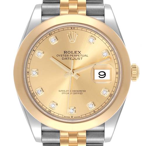 The Rolex Datejust 41 126303 Men's Steel and Gold (two tone) Champagne Dial 126303 Men's Steel and Gold (two tone) Champagne Dial is shown from a front angle, highlighting the dial, bezel, and part of the bracelet.