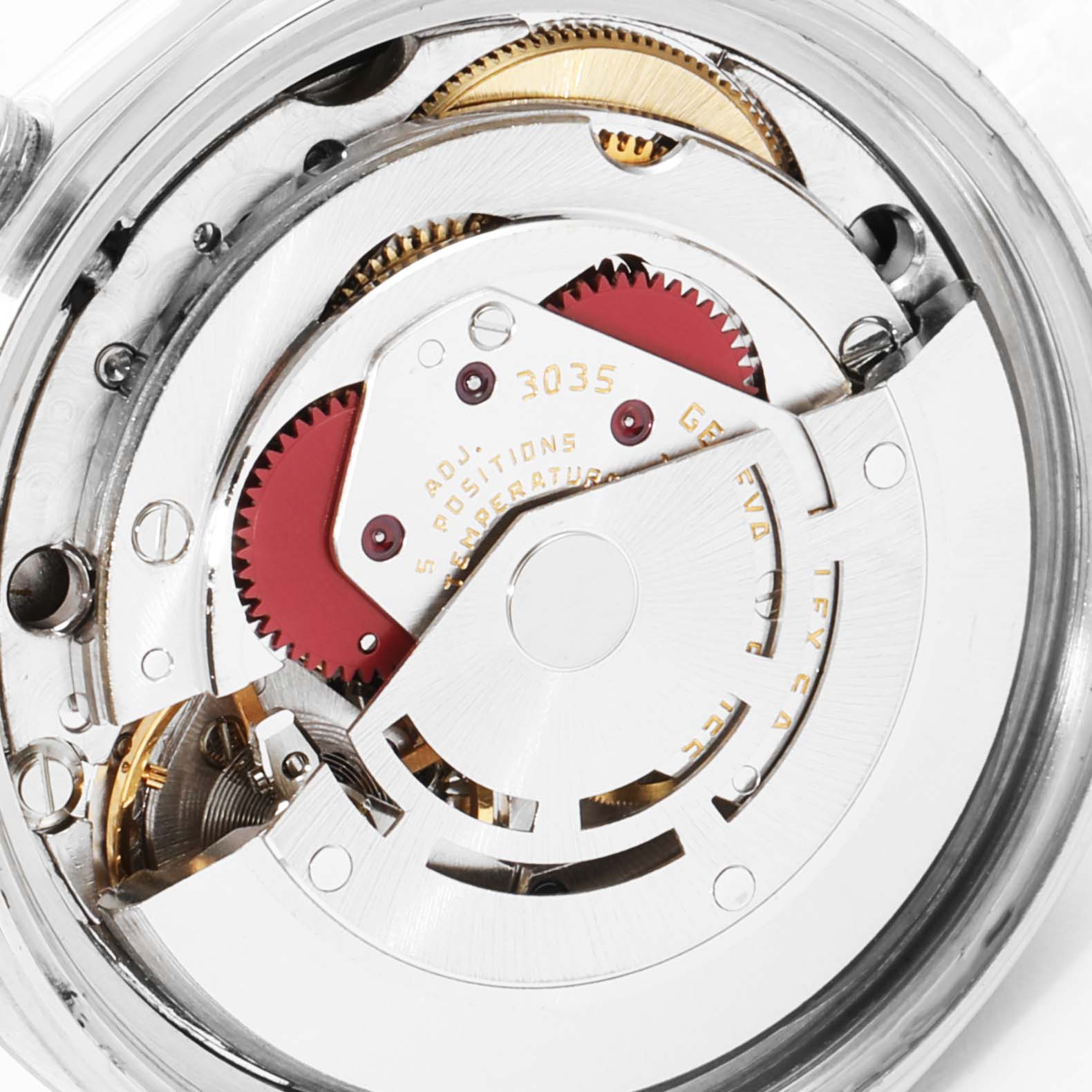 The image shows the intricate inner mechanisms and gears of the Rolex Vintage Collection 16014 Men's Stainless Steel Silver Dial 16014 Men's Stainless Steel Silver Dial watch, model 3035, viewed from the back.