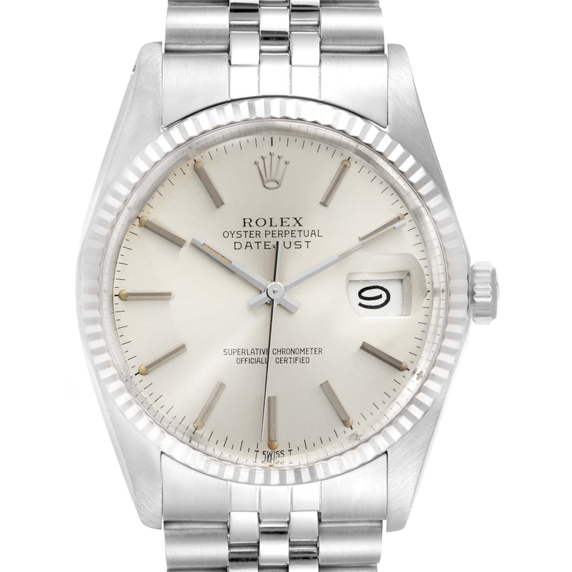 This image shows a close-up front view of the Rolex Vintage Collection 16014 Men's Stainless Steel Silver Dial 16014 Men's Stainless Steel Silver Dial Oyster Perpetual Datejust watch, highlighting its dial, bezel, and bracelet.