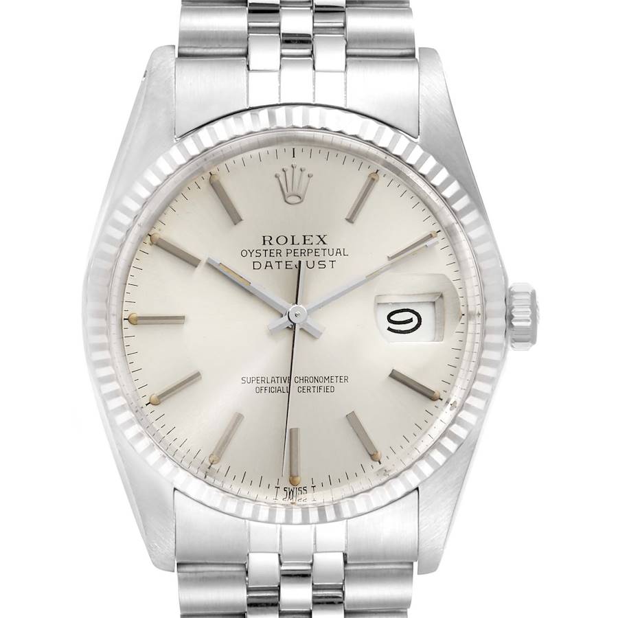 This image shows a close-up front view of the Rolex Vintage Collection 16014 Men's Stainless Steel Silver Dial 16014 Men's Stainless Steel Silver Dial Oyster Perpetual Datejust watch, highlighting its dial, bezel, and bracelet.