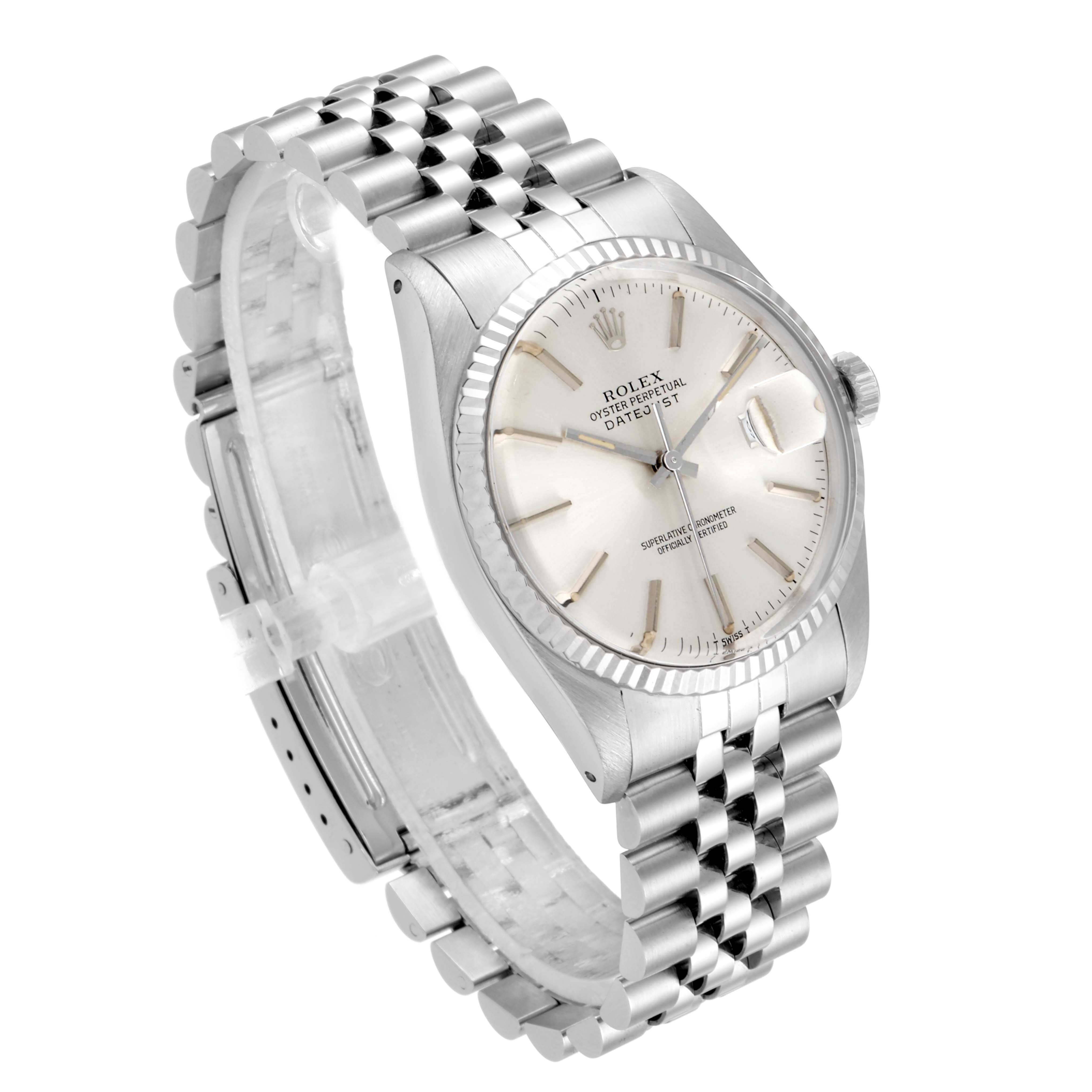 The Rolex Vintage Collection 16014 Men's Stainless Steel Silver Dial 16014 Men's Stainless Steel Silver Dial model watch is shown at an angled view, highlighting the face, bezel, and bracelet.