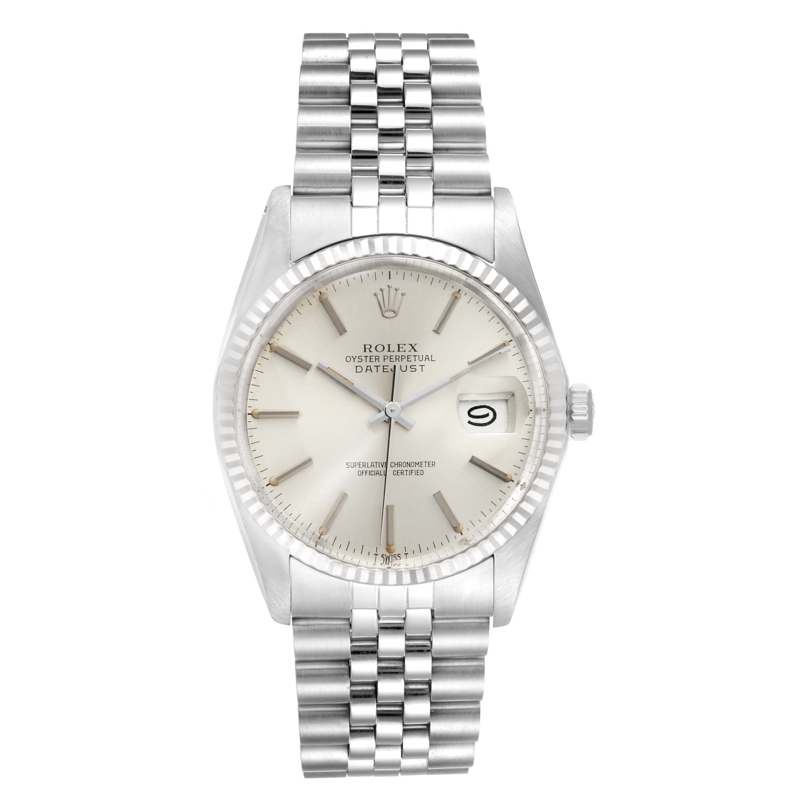This image shows the front view of a Rolex Vintage Collection 16014 Men's Stainless Steel Silver Dial 16014 Men's Stainless Steel Silver Dial Datejust watch, showcasing its dial, bezel, crown, and bracelet.