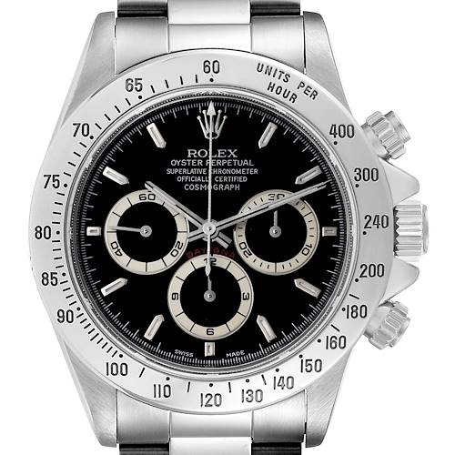 The image shows a front view of the Rolex Daytona 16520 Men's Stainless Steel Black Dial 16520 Men's Stainless Steel Black Dial watch, highlighting its dial, bezel, and crown.