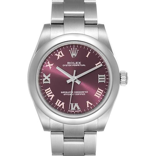 This image shows a frontal view of a Mid-Size Rolex Oyster Perpetual watch with a purple dial and Roman numerals.