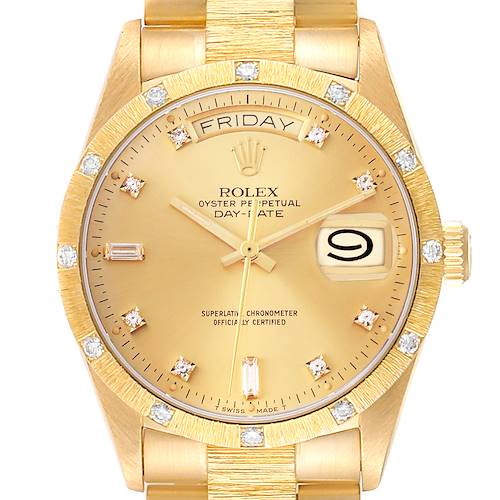 The Rolex President 18108 Men's Yellow Gold Champagne Dial 18108 Men's Yellow Gold Champagne Dial model watch is shown from the front, displaying its dial, bezel, and part of the bracelet.