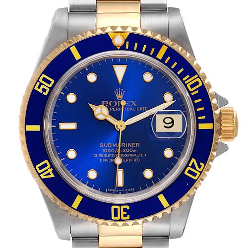 The Rolex Submariner 16613 Men's Steel and Gold (two tone) Blue Dial 16613 Men's Steel and Gold (two tone) Blue Dial watch is shown from a front angle, highlighting its blue dial, bezel, and the date window.