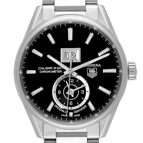 The image shows a front view of a Tag Heuer Carrera WAR5010.BA0723 Men's Stainless Steel Black Dial WAR5010.BA0723 Men's Stainless Steel Black Dial watch, highlighting its black dial, date display, and sub-dial.