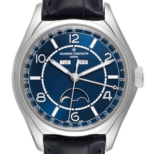 The image shows a front view of the Vacheron Constantin Fiftysix 4000E/000A-B548 Men's Stainless Steel Blue Dial 4000E/000A-B548 Men's Stainless Steel Blue Dial watch, highlighting the dial, hands, day and month indicators.