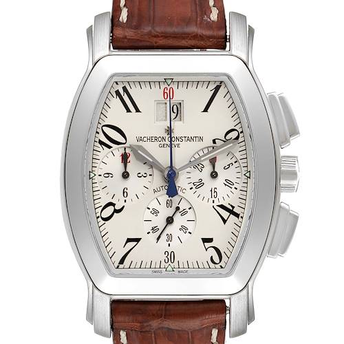 This image showcases a front view of the Vacheron Constantin Vintage model, highlighting its dial, hands, chronograph subdials, and leather strap.