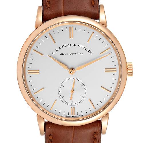 The image shows the front view of the A. Lange & Sohne Saxonia 219.032 Men's Rose Gold Silver Dial watch, displaying its dial, hands, and strap.