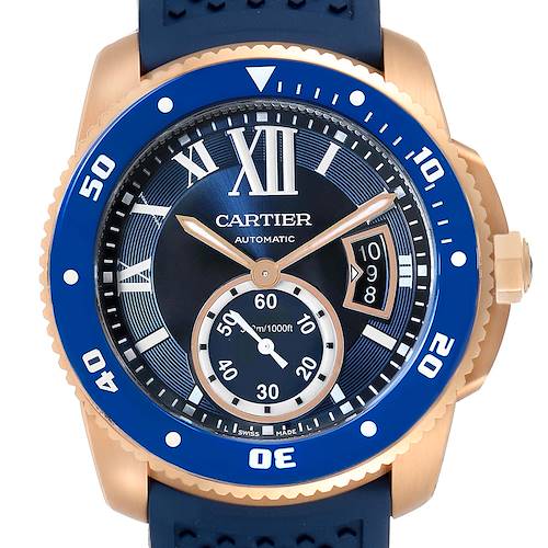 This is a front view of a Calibre de Cartier model watch by Cartier, showcasing the dial, hands, bezel, and crown.