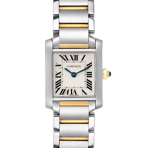This is a frontal view of a Cartier Tank Francaise W51007Q4 Women's Steel and Gold (two tone) Silver Dial W51007Q4 Women's Steel and Gold (two tone) Silver Dial watch, showing its rectangular dial and two-tone metal bracelet.