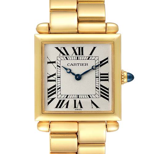 The image shows a front view of the Cartier Tank Obus 1630 Women's Yellow Gold Silver Dial 1630 Women's Yellow Gold Silver Dial watch, highlighting its face, Roman numerals, and gold bracelet.