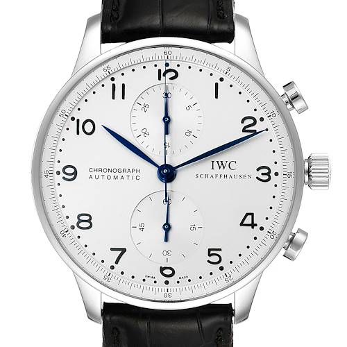 The image shows a frontal view of the face of the IWC Portuguese IW371446 Men's Stainless Steel Silver Dial IW371446 Men's Stainless Steel Silver Dial Chronograph Automatic watch, including dials, markers, and chronograph features.