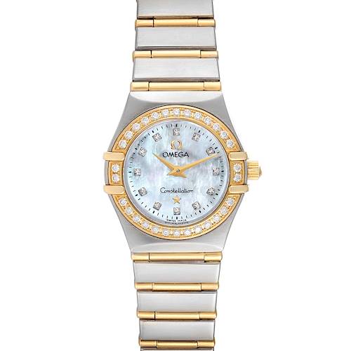 The image shows a front view of the Omega 1267.75.00 Women's Steel and Gold (two tone) Mother of Pearl Dial 1267.75.00 Women's Steel and Gold (two tone) Mother of Pearl Dial Constellation 95 Mother of Pearl Diamond Watch 1267.75.00, displaying its face and bracelet.