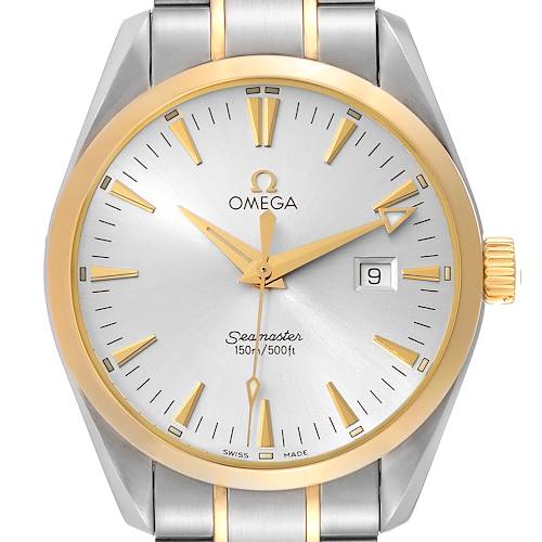 The image shows a front view of the Omega Aqua Terra 2317.30.00 Men's Steel and Gold (two tone) Silver Dial 2317.30.00 Men's Steel and Gold (two tone) Silver Dial Seamaster watch, highlighting the face, hour markers, date window, and part of the bracelet.