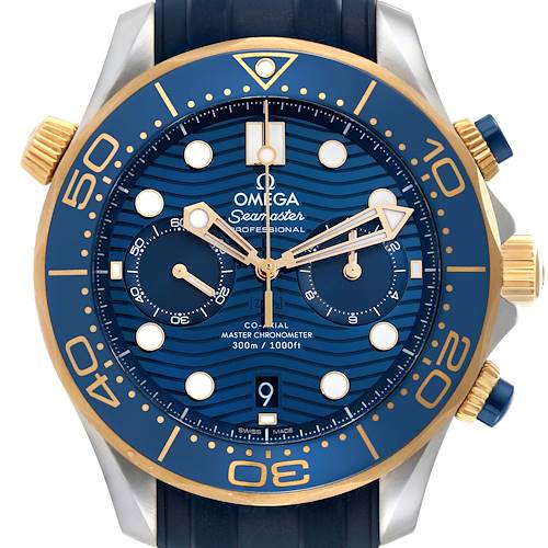 The Omega Seamaster 210.22.44.51.03.001 Men's Steel and Gold (two tone) Blue Dial 210.22.44.51.03.001 Men's Steel and Gold (two tone) Blue Dial watch is shown from a front angle, highlighting its blue and gold bezel, dial, hands, and chronograph subdials.