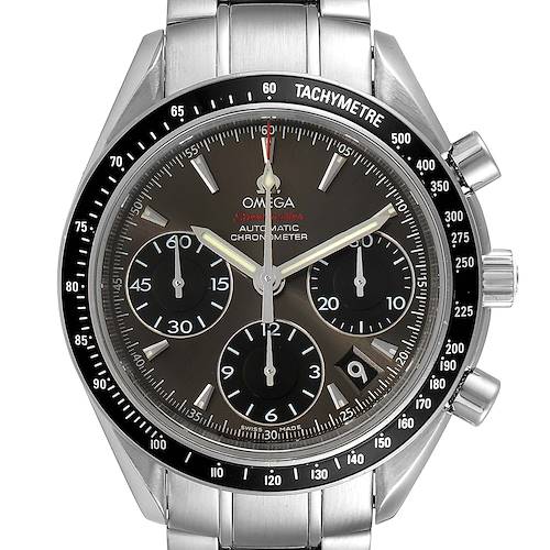 The image shows a frontal view of the Omega Speedmaster 323.30.40.40.06.001 Men's Stainless Steel Grey Dial 323.30.40.40.06.001 Men's Stainless Steel Grey Dial watch, highlighting its dial, chronograph subdials, and tachymeter bezel.