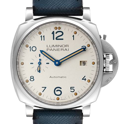 This image shows a detailed front view of the Panerai Luminor Due PAM00906 Men's Stainless Steel Beige Dial PAM00906 Men's Stainless Steel Beige Dial watch, highlighting the dial, crown guard, and strap.