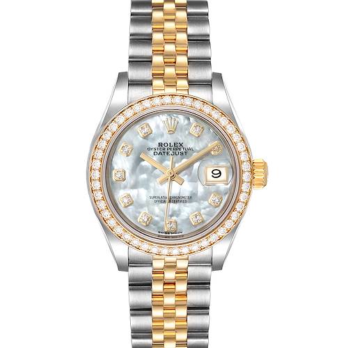The image shows a front view of a Rolex Datejust 279383 Women's Steel and Gold (two tone) Mother of Pearl Dial 279383 Women's Steel and Gold (two tone) Mother of Pearl Dial watch, featuring a two-tone bracelet, diamond bezel, and a date display.